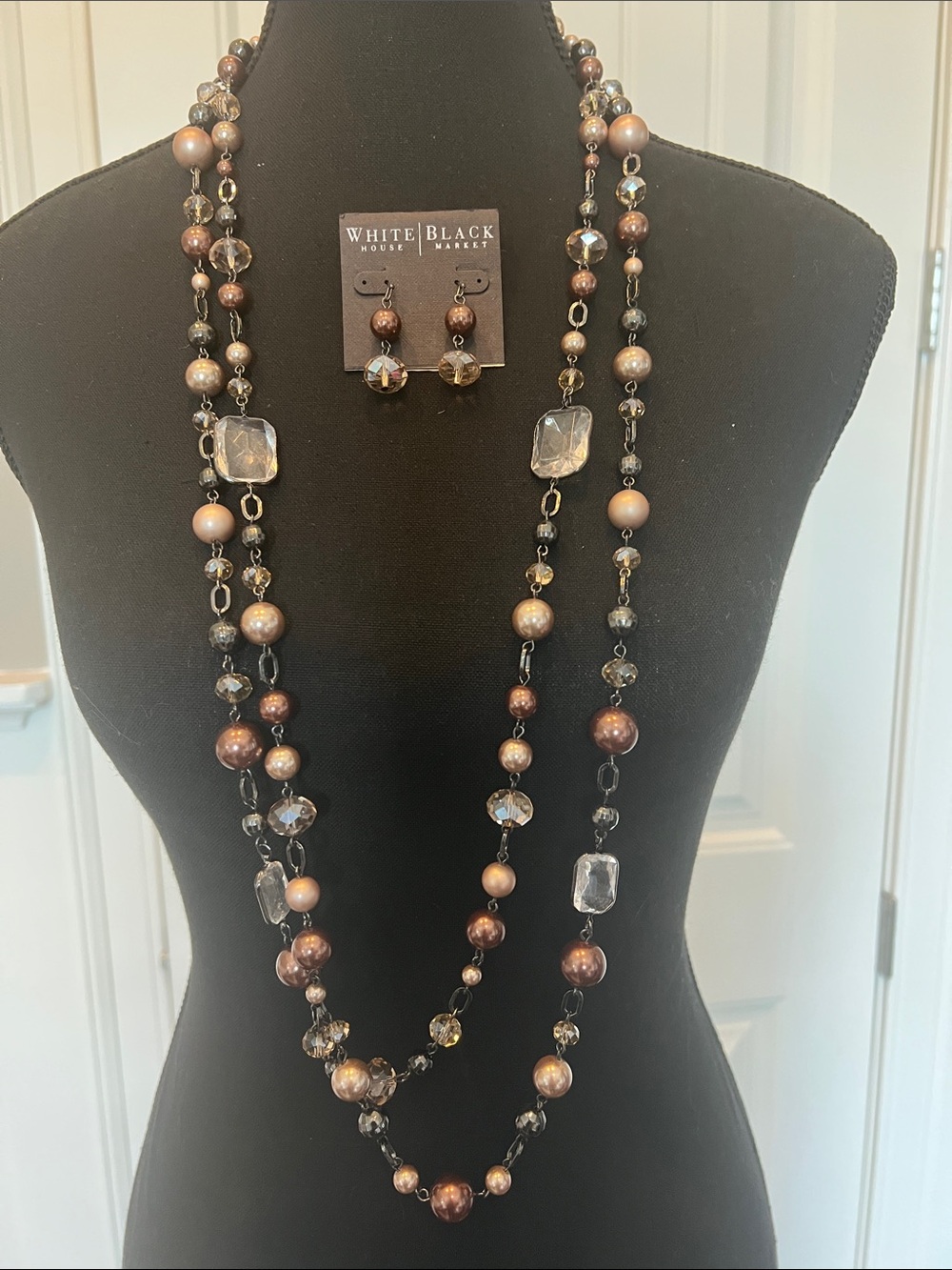 White House Black Market Brown and Clear Beaded Long Necklace with Earrings